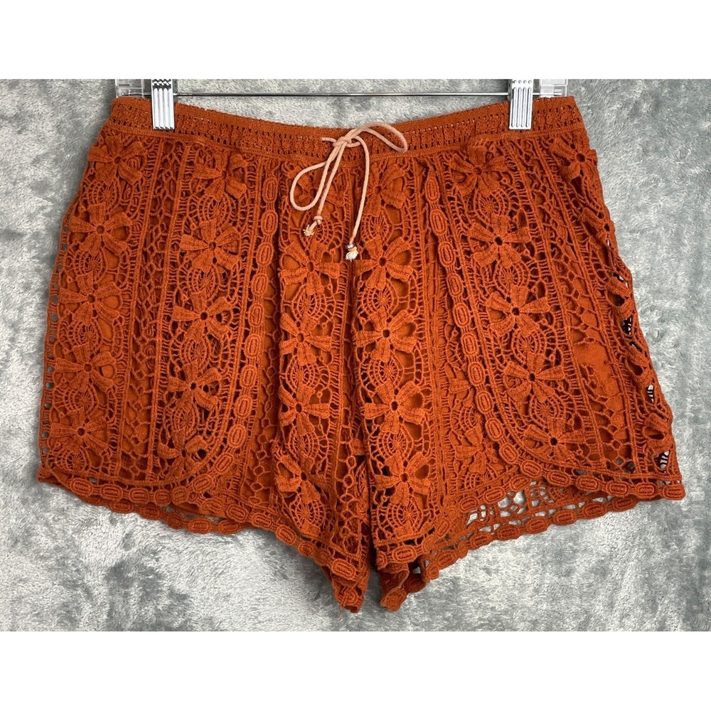 Mur Mur Crochet Shorts Women L Rust Orange Very Good Floral Lace Drawstring Boho
